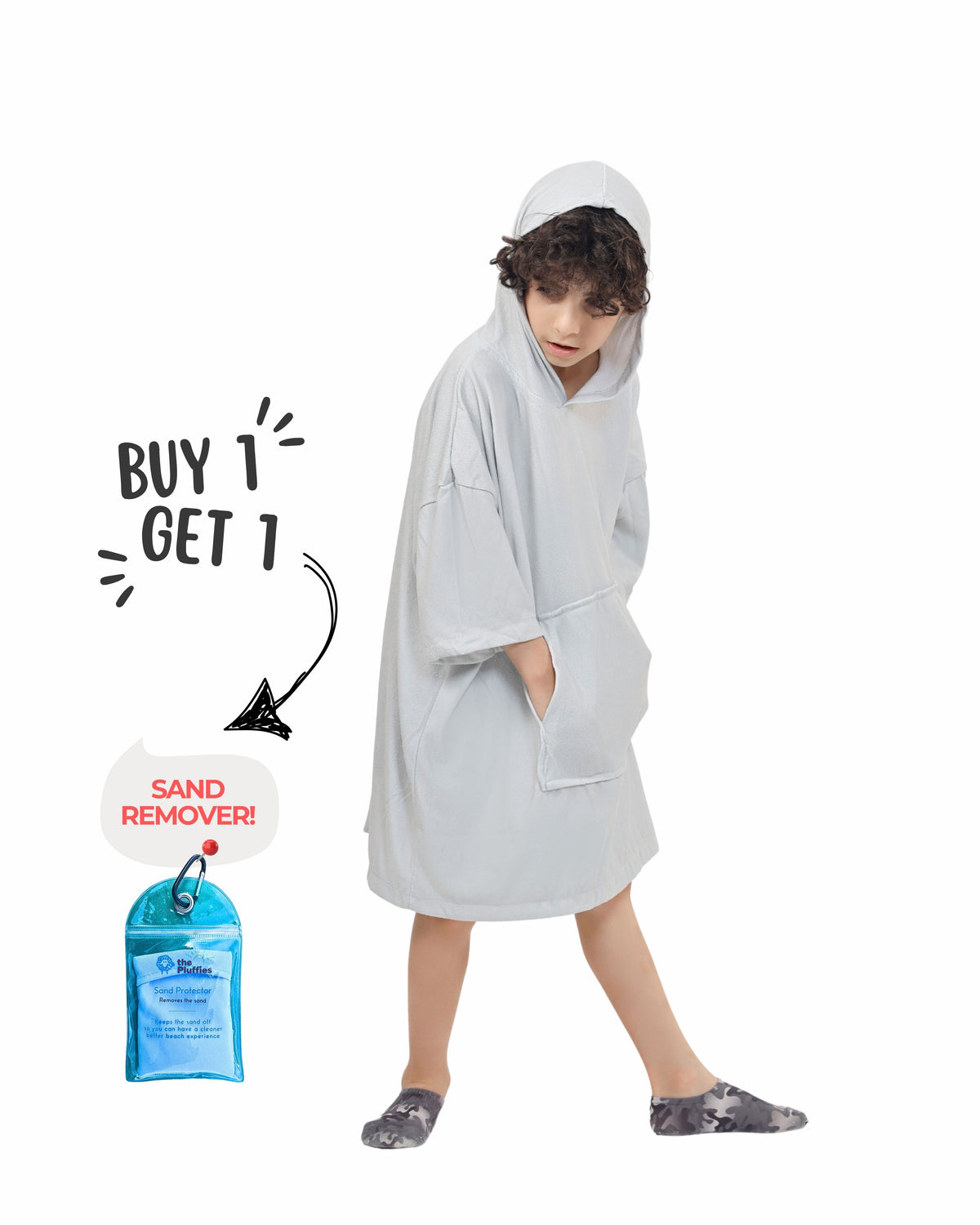 Grey Kids Towel Poncho + FREE Sand Remover